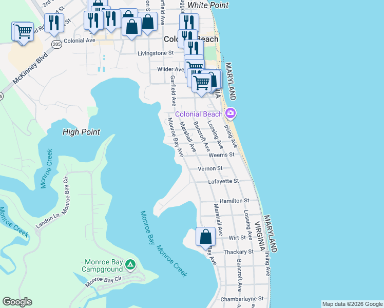 map of restaurants, bars, coffee shops, grocery stores, and more near 215 Marshall Avenue in Colonial Beach