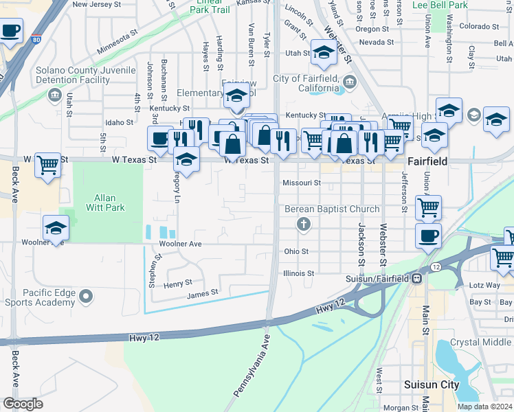 map of restaurants, bars, coffee shops, grocery stores, and more near 1335 Crowley Lane in Fairfield