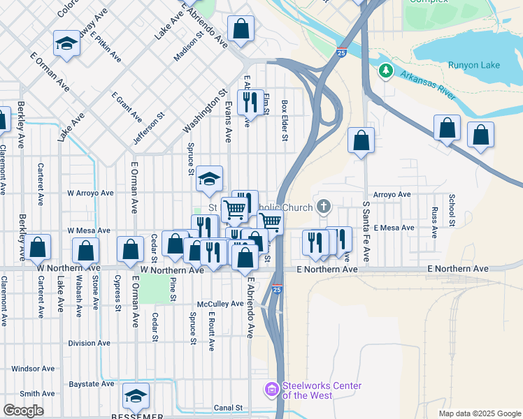 map of restaurants, bars, coffee shops, grocery stores, and more near 1125 Elm Street in Pueblo