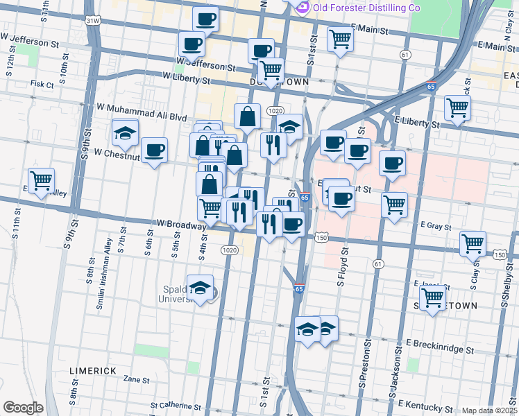 map of restaurants, bars, coffee shops, grocery stores, and more near 644 South 2nd Street in Louisville