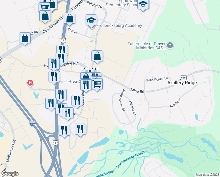 map of restaurants, bars, coffee shops, grocery stores, and more near 10499 Circle 1 Drive in Fredericksburg