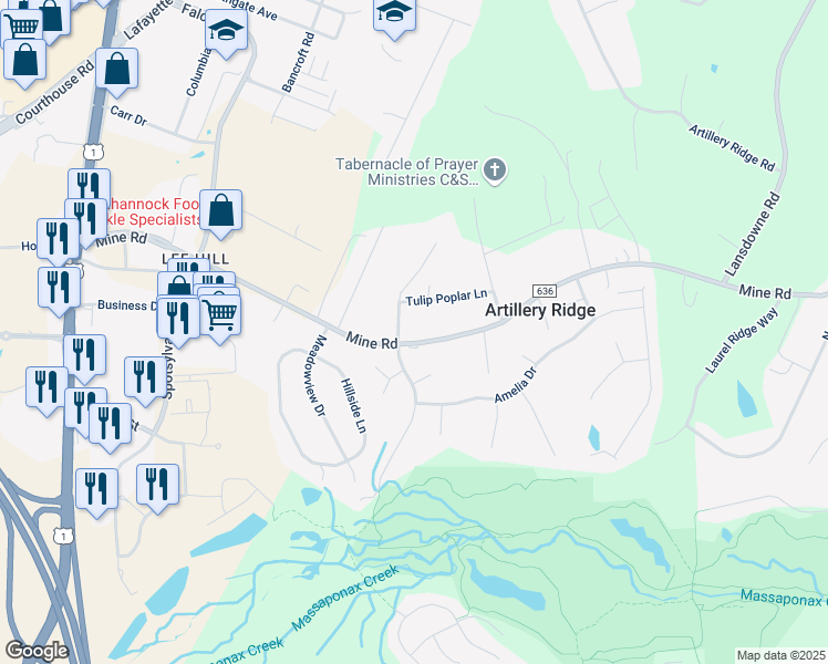map of restaurants, bars, coffee shops, grocery stores, and more near 4337 Mine Road in Fredericksburg