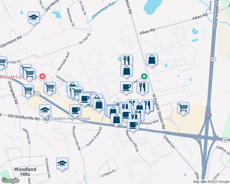 map of restaurants, bars, coffee shops, grocery stores, and more near 12203 Garrett Park Lane in Louisville