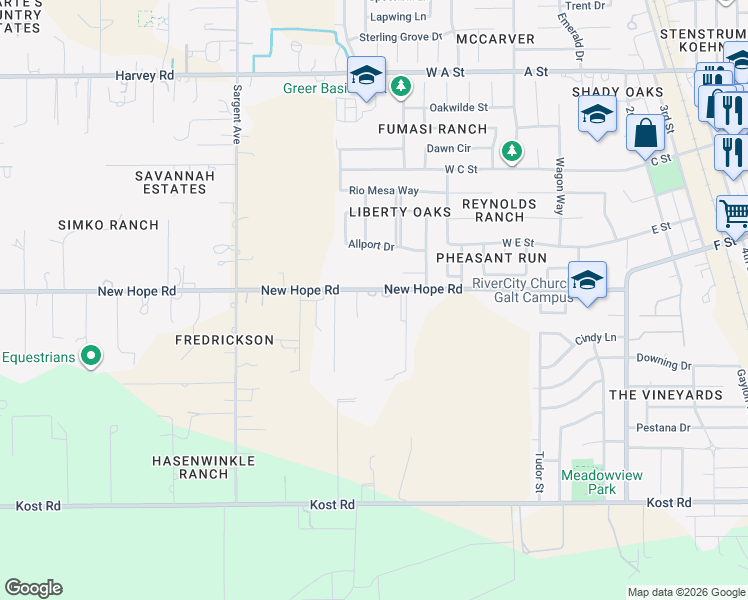 map of restaurants, bars, coffee shops, grocery stores, and more near 10068 New Hope Road in Galt