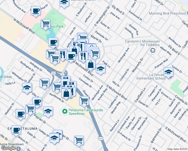 map of restaurants, bars, coffee shops, grocery stores, and more near 421 South McDowell Boulevard in Petaluma
