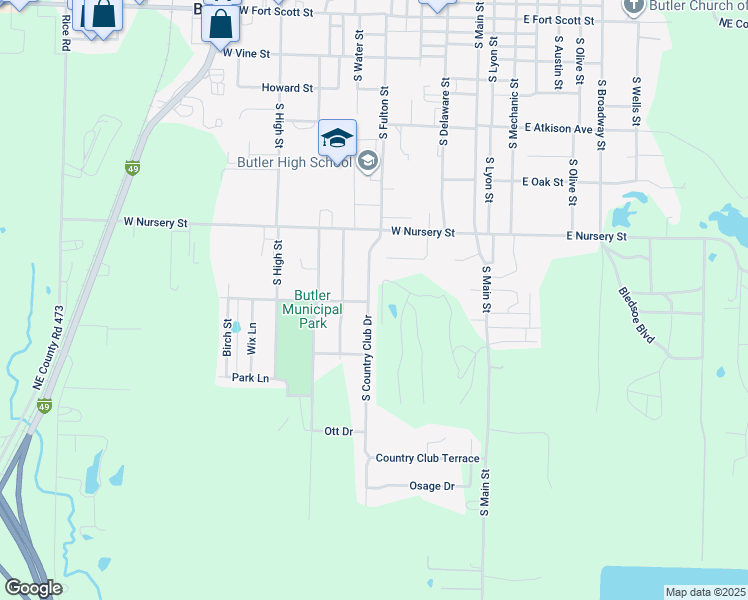 map of restaurants, bars, coffee shops, grocery stores, and more near 801 South Country Club Drive in Butler