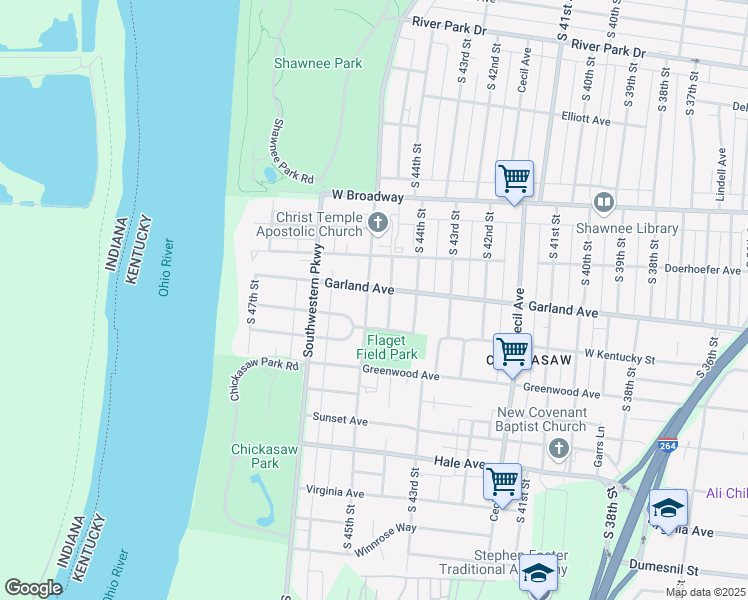 map of restaurants, bars, coffee shops, grocery stores, and more near 905 South 45th Street in Louisville