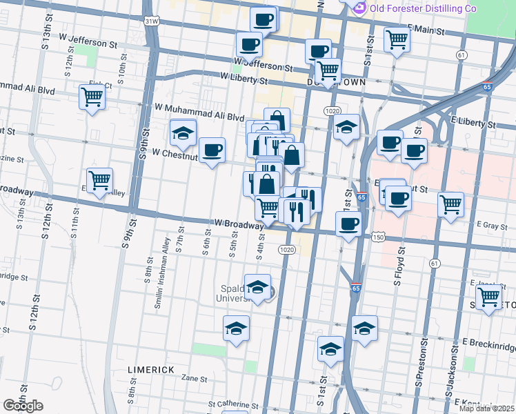 map of restaurants, bars, coffee shops, grocery stores, and more near 658 South 4th Street in Louisville