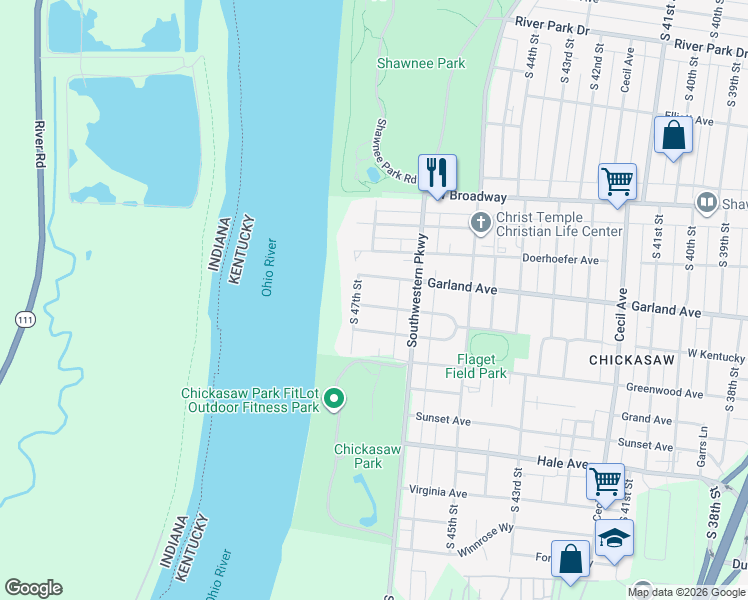 map of restaurants, bars, coffee shops, grocery stores, and more near 4629 Riverview Avenue in Louisville