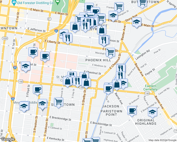 map of restaurants, bars, coffee shops, grocery stores, and more near 553 South Shelby Street in Louisville