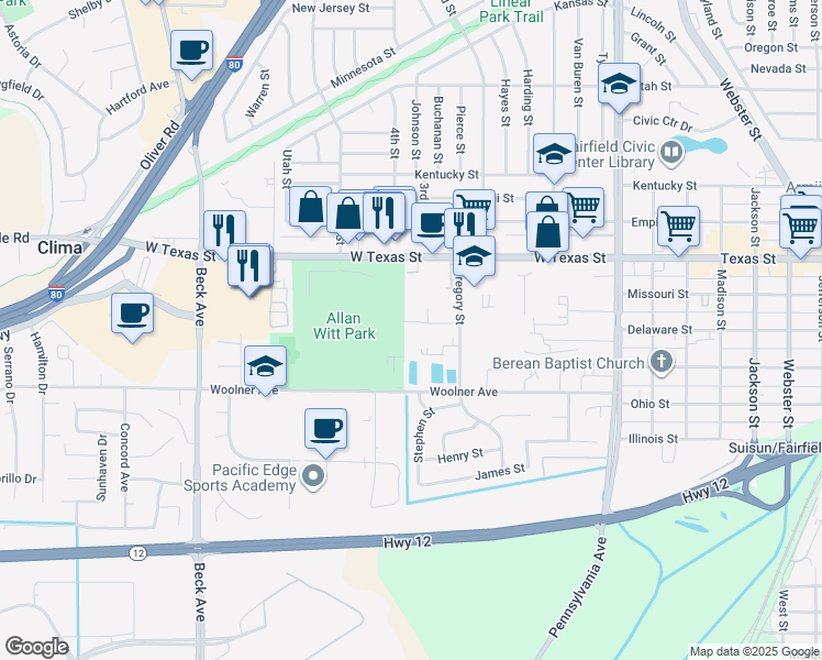 map of restaurants, bars, coffee shops, grocery stores, and more near 1625 Park Lane in Fairfield