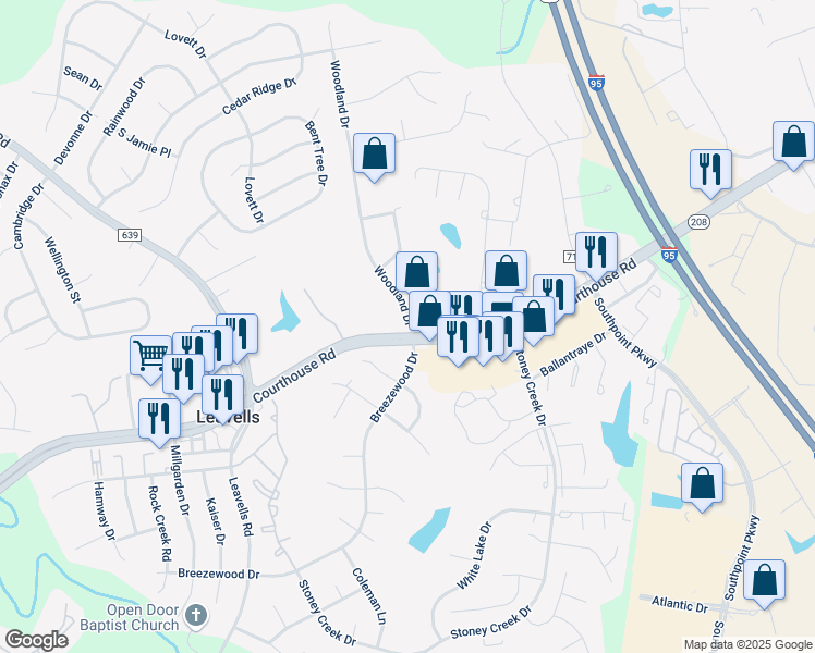 map of restaurants, bars, coffee shops, grocery stores, and more near 10502 Woodland Drive in Fredericksburg