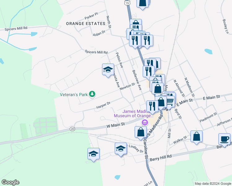map of restaurants, bars, coffee shops, grocery stores, and more near 216 Newton Street in Orange