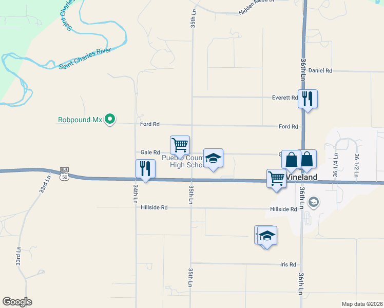 map of restaurants, bars, coffee shops, grocery stores, and more near 1050 35th Lane in Pueblo