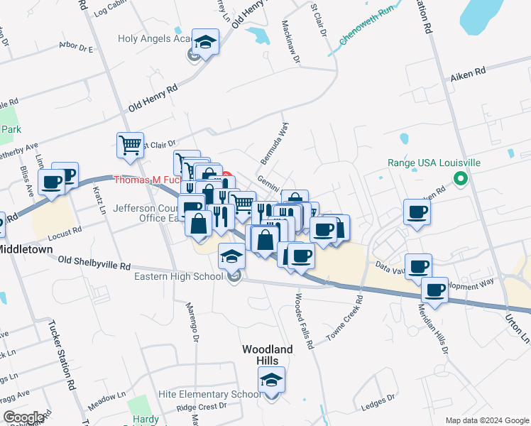 map of restaurants, bars, coffee shops, grocery stores, and more near 221 Juneau Drive in Louisville