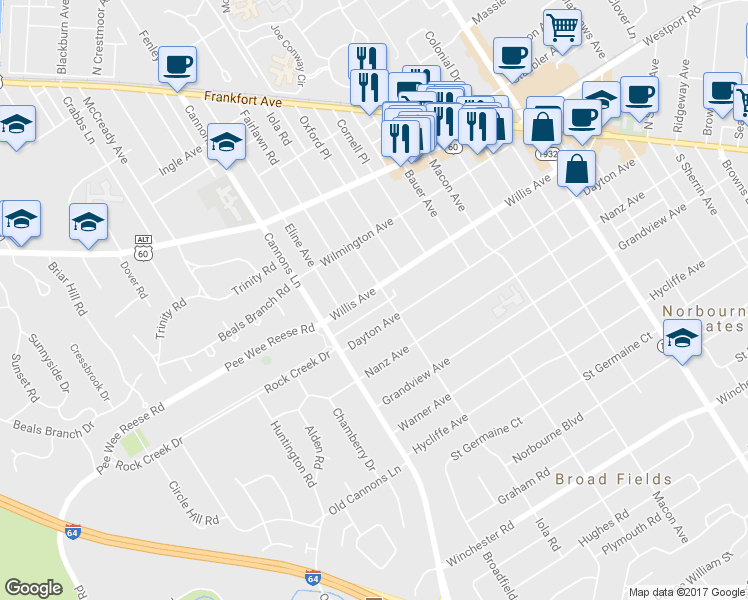 map of restaurants, bars, coffee shops, grocery stores, and more near 3504 Willis Avenue in Louisville
