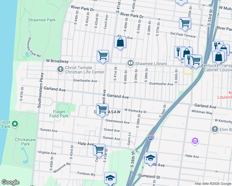 map of restaurants, bars, coffee shops, grocery stores, and more near in Louisville