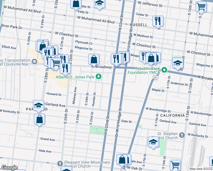 map of restaurants, bars, coffee shops, grocery stores, and more near 2216 Maple Street in Louisville