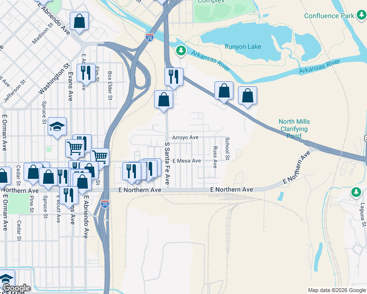 map of restaurants, bars, coffee shops, grocery stores, and more near 1111 Bohmen Avenue in Pueblo