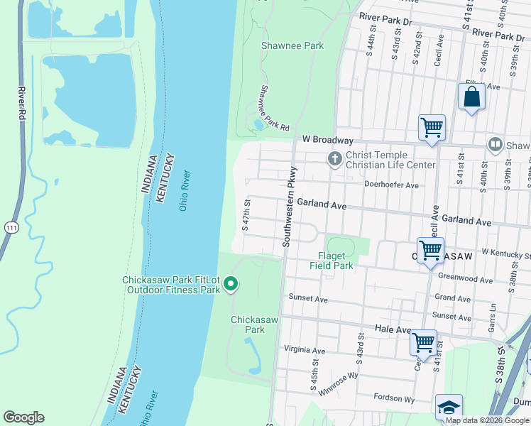 map of restaurants, bars, coffee shops, grocery stores, and more near 4629 Riverview Avenue in Louisville
