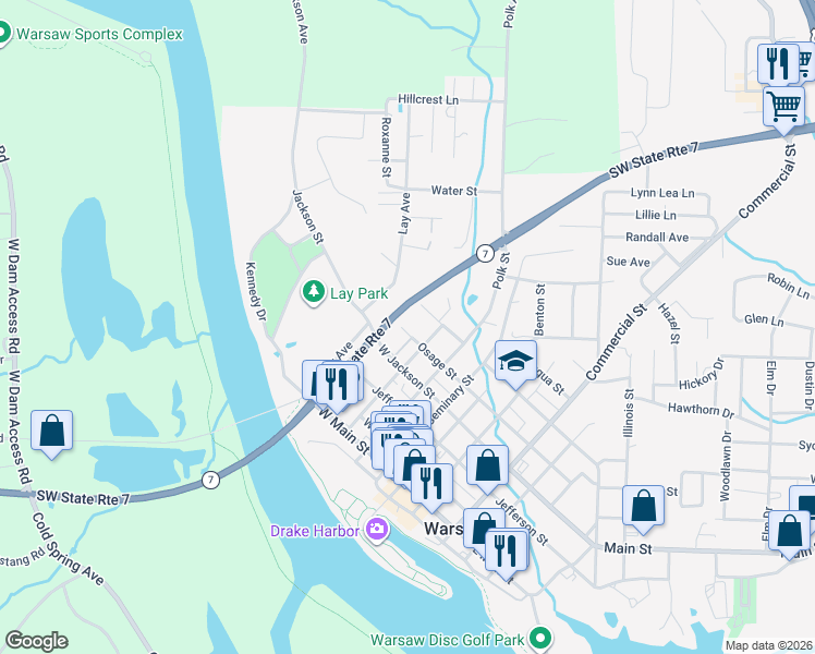 map of restaurants, bars, coffee shops, grocery stores, and more near Osage Street in Warsaw
