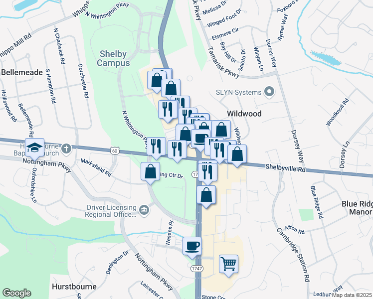 map of restaurants, bars, coffee shops, grocery stores, and more near 9409 Shelbyville Road in Louisville
