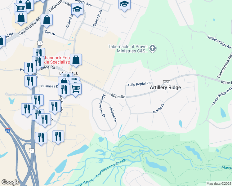 map of restaurants, bars, coffee shops, grocery stores, and more near 4417 Mine Road in Fredericksburg