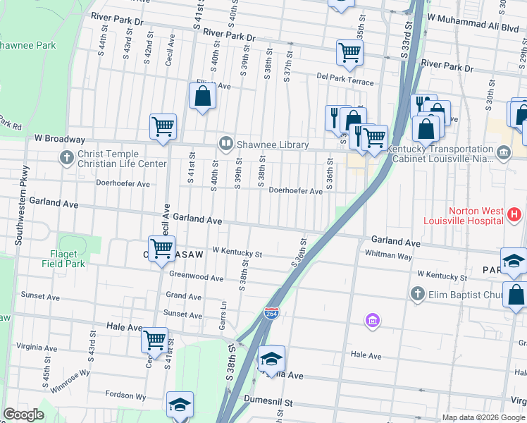 map of restaurants, bars, coffee shops, grocery stores, and more near 825 South 38th Street in Louisville