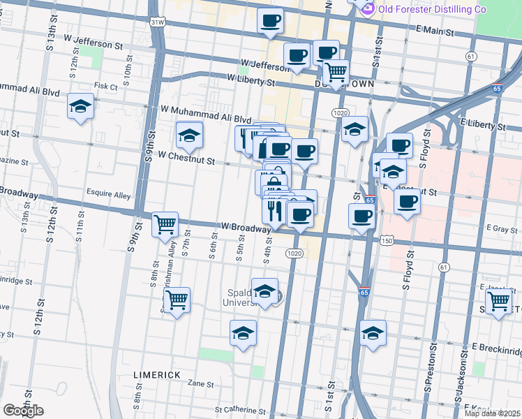 map of restaurants, bars, coffee shops, grocery stores, and more near 658 South 4th Street in Louisville