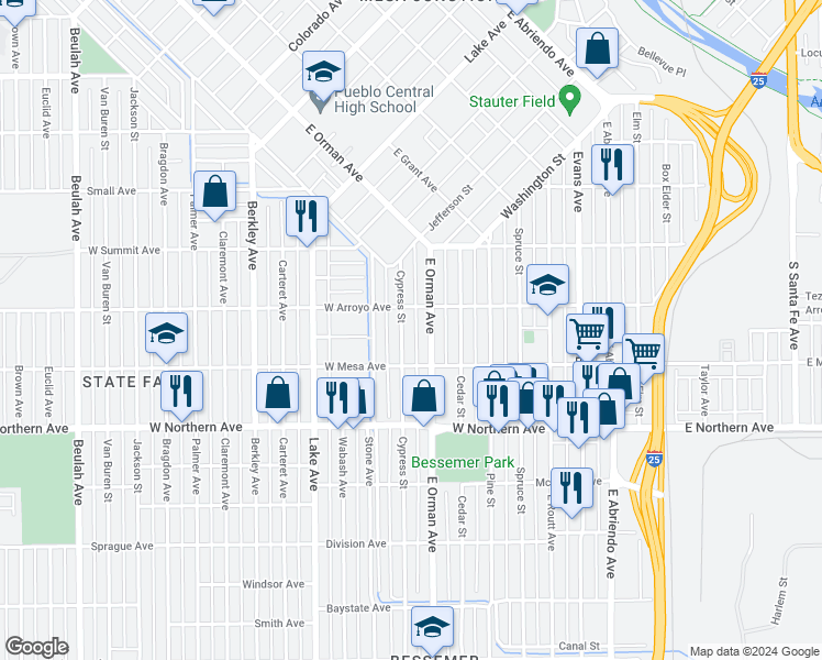 map of restaurants, bars, coffee shops, grocery stores, and more near 1114 Cypress Street in Pueblo