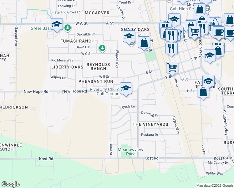map of restaurants, bars, coffee shops, grocery stores, and more near 236 New Hope Road in Galt