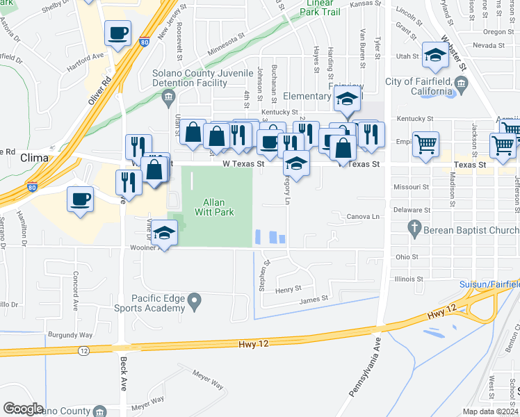 map of restaurants, bars, coffee shops, grocery stores, and more near 423 Gregory Lane in Fairfield