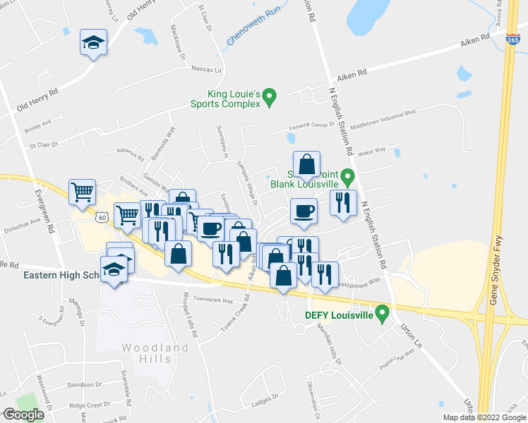 map of restaurants, bars, coffee shops, grocery stores, and more near 13205 Eastgate Village Drive in Louisville