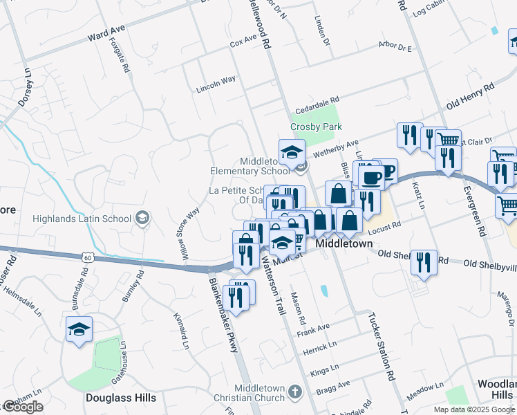 map of restaurants, bars, coffee shops, grocery stores, and more near 204 Old Harrods Creek Road in Louisville