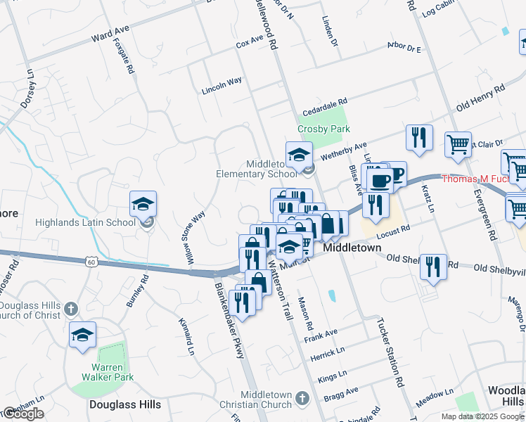 map of restaurants, bars, coffee shops, grocery stores, and more near 324 Heritage Hill Trail in Louisville