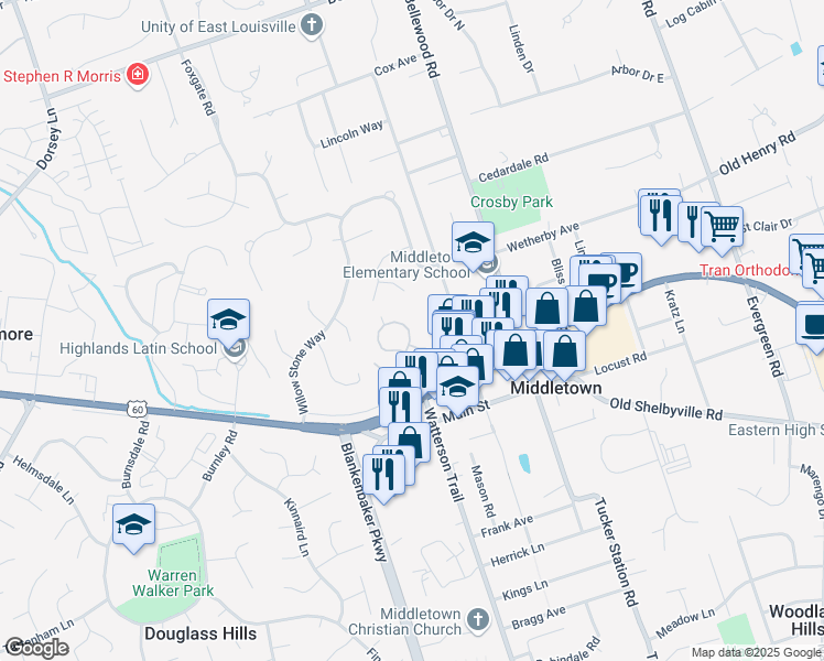 map of restaurants, bars, coffee shops, grocery stores, and more near 324 Heritage Hill Trail in Louisville