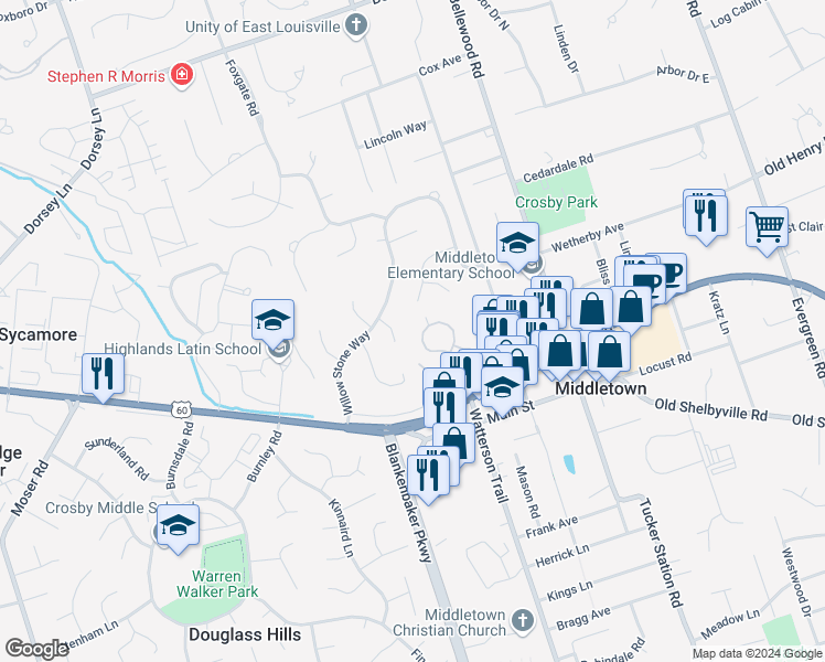 map of restaurants, bars, coffee shops, grocery stores, and more near 303 Stodghill Place in Louisville