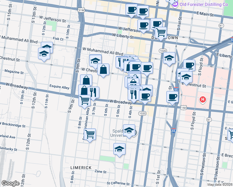 map of restaurants, bars, coffee shops, grocery stores, and more near 525 West Broadway in Louisville