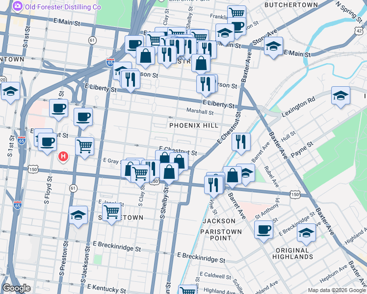 map of restaurants, bars, coffee shops, grocery stores, and more near 809 East Chestnut Street in Louisville