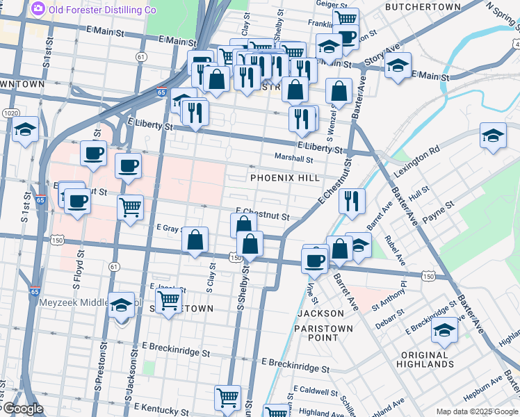 map of restaurants, bars, coffee shops, grocery stores, and more near 807 East Chestnut Street in Louisville