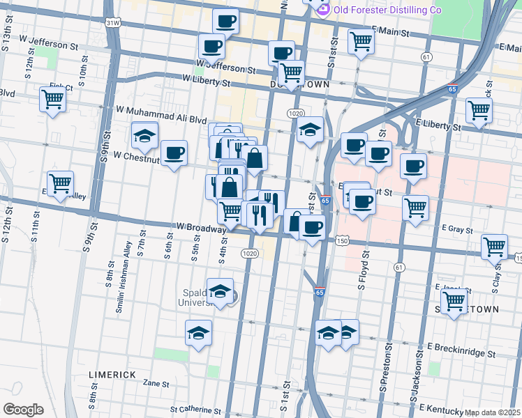 map of restaurants, bars, coffee shops, grocery stores, and more near 651 South 3rd Street in Louisville