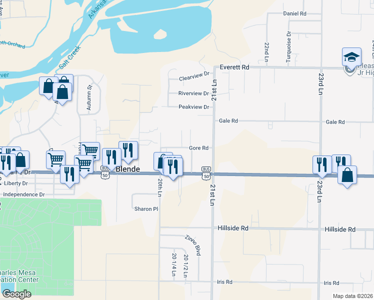 map of restaurants, bars, coffee shops, grocery stores, and more near 2720 Gore Road in Pueblo