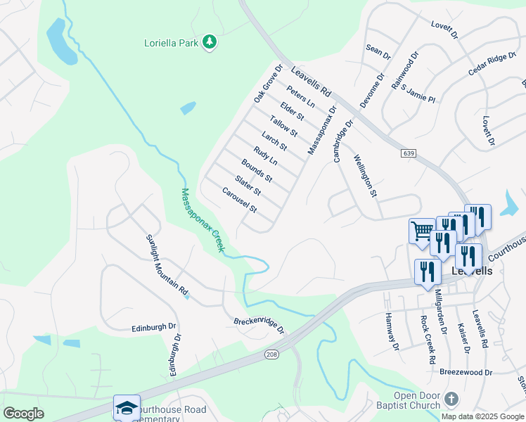map of restaurants, bars, coffee shops, grocery stores, and more near 5505 Carousel Street in Fredericksburg