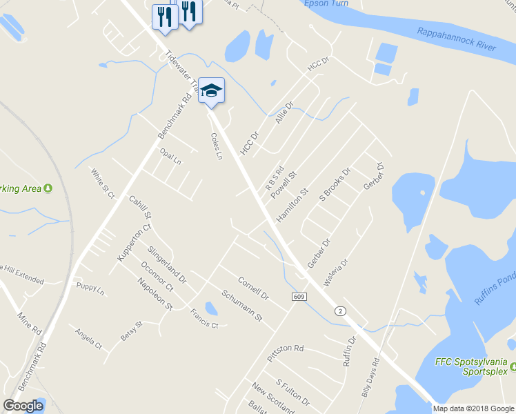 map of restaurants, bars, coffee shops, grocery stores, and more near 10502 Tidewater Trail in Fredericksburg