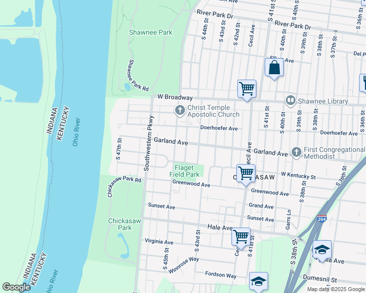 map of restaurants, bars, coffee shops, grocery stores, and more near 905 South 45th Street in Louisville