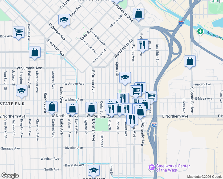 map of restaurants, bars, coffee shops, grocery stores, and more near 1121 Spruce Street in Pueblo