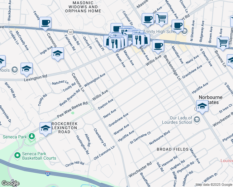 map of restaurants, bars, coffee shops, grocery stores, and more near 3507 Dayton Avenue in Louisville