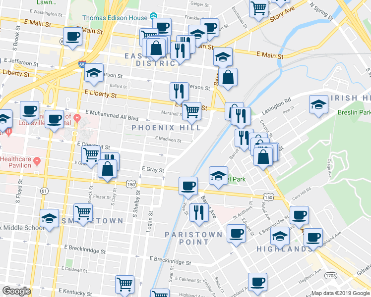 map of restaurants, bars, coffee shops, grocery stores, and more near 941 East Chestnut Street in Louisville