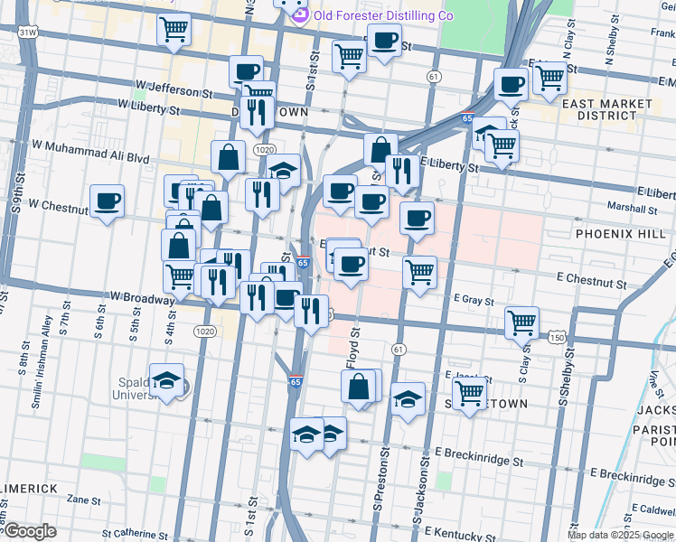 map of restaurants, bars, coffee shops, grocery stores, and more near 203 East Gray Street in Louisville