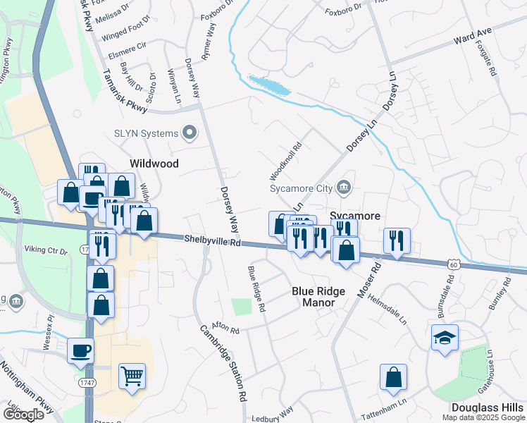 map of restaurants, bars, coffee shops, grocery stores, and more near 10112 Canter Ridge in Louisville